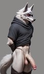 anthro arm_wraps athletic athletic_anthro balls big_balls big_penis black_nose cheek_tuft clothing facial_tuft fluffy fluffy_tail fur genitals glans grey_background grey_clothing half-erect hands_behind_back heavy_balls huge_penis humanoid_genitalia humanoid_penis leg_wraps long_penis male navel nude penis red_eyes saggy_balls simple_background solo standing thick_penis three-quarter_view tuft white_body white_fur wraps chilon249 death_(puss_in_boots) canid canine canis mammal wolf hi_res portrait three-quarter_portrait