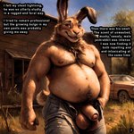 anthro balls bedroom_eyes belly bottomwear building bulge car chest_tuft clothed clothing decay denim denim_clothing foreskin genitals hare house humanoid_genitalia humanoid_penis jeans lagomorph leporid long_ears male mammal moobs narrowed_eyes nipples open_bottomwear open_clothing open_pants pants penis pubes rabbit red_eyes seductive smile solo topless tuft vehicle wetfur_(director)