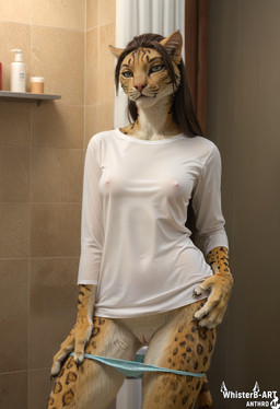 anthro bathroom blouse brown_hair clothing down female genitals grey_eyes hair innie_pussy long_hair nipples nipples_under_clothing panties pose pull pussy solo topwear translucent translucent_clothing underwear whisterb-art felid feline khajiit mammal absurd_res hi_res