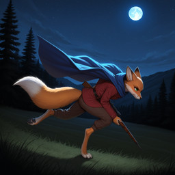 action_pose anthro black_body black_claws black_fur black_pawpads blue_cape blue_clothing bottomwear brown_bottomwear brown_clothing brown_pants claws cloak clothed clothing cloud dark_background dipstick_tail female field frown full_moon fur grass green_eyes gun hill holding_gun holding_object holding_weapon hood jacket leaning leaning_forward looking_forward markings moon multicolored_body multicolored_fur night orange_body orange_fur pants pawpads plant pose ranged_weapon red_clothing red_jacket red_topwear rifle running sky solo star starry_sky tail_markings topwear tree weapon white_body white_fur anonymous_director tooth_and_tail kasha_(tooth_and_tail) canid canine fox mammal hi_res