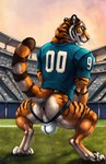 4_toes absurd_res anthro anus athletic athletic_male audience blue_clothing blue_shirt blue_topwear brown_stripes bulge butt claws clothing crouching detailed_background devlin_miski digital_media_(artwork) digitigrade dusk easyfluffv11.2_(model) feet felid fluffy football_field football_player football_uniform fur grass group hi_res jockstrap looking_at_viewer looking_back looking_back_at_viewer low-angle_view male mammal muscular number_on_clothing on_grass orange_body orange_eyes orange_fur outside pantherine pantsless pawpads perineum pink_nose plant presenting presenting_hindquarters public public_exposure quads raised_tail rear_view scoutr seductive shirt sky smile solo spectators sport sportswear stadium striped_body striped_fur stripes t-shirt teasing tiger toe_claws toes topwear underwear watermark whisker_spots whiskers white_clothing white_jockstrap white_underwear