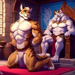 anthro basket bottomwear chair clothed clothing container duo felid feline furniture hands_bhind_back inside lion loincloth lynx male male/male mammal muscular nipples pantherine shirtless skimpy smile stonr throne zidanes123