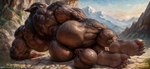 anthro balls barefoot big_balls big_butt big_feet big_muscles brown_body brown_skin butt fangs feet genitals hairy huge_balls huge_muscles looking_at_viewer looking_back lying_on_side male mountains muscular muscular_male nude orange_eyes outside plantigrade rear_view soles solo sunset vein veiny_balls vanzilen canid canine canis mammal were werecanid werecanine werewolf wolf full-length_portrait hi_res portrait