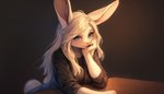 anthro big_ears blue_eyes blush breasts brown_background clothed clothing eye_contact female fur hair hand_on_face long_ears long_hair looking_at_another looking_at_viewer pink_nose simple_background solo solo_focus topwear tuft white_body white_fur white_hair sappy_(director) lagomorph leporid mammal rabbit hi_res portrait