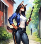 anthro baton canid canine clothing female hair hi_res looking_at_viewer mammal outside police seductive smile smug solo traialas