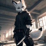 anthro canid canine detailed_background fennec fox grey_eyes lucifluffy male mammal melee_weapon solo techwear weapon wilek