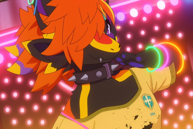 anthro black_body clothing collar crop_top femboy fur girly glowstick hair hair_to_side jewel_novabeast male multicolored_body multicolored_fur mythology one_eye_obstructed orange_hair shirt solo spiked_collar spikes stage topwear anonymous_director dragon mythological_creature mythological_scalie novabeast scalie half-length_portrait portrait