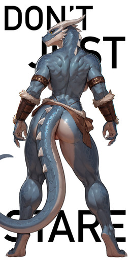 5_fingers anthro armor butt clothed clothing feet female fingers fur-trimmed_clothes genitals horn looking_at_viewer looking_back looking_back_at_viewer mostly_nude multicolored_body muscular muscular_anthro muscular_female pussy rear_view scales simple_background skimpy solo standing tail text toes unconvincing_armor nalani_(worried_information) dragonborn_(dnd) reptile scalie absurd_res english_text full-length_portrait hi_res portrait