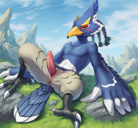 anthro anus day erection genitals looking_at_viewer male nude outside penis presenting seductive sitting sitting_on_ground slit solo lightning7 nintendo the_legend_of_zelda revali avian rito absurd_res hi_res