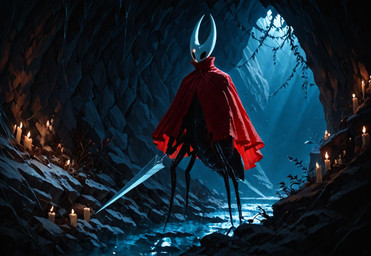 candle cave cave_entrance cloak clothing dim_lighting female mask quadruped realistic red_clothing solo vines weapon indianthro_jones hollow_knight_(franchise) team_cherry hornet_(hollow_knight) animal_humanoid arachnid arachnid_humanoid arachnid_taur arthropod arthropod_humanoid arthropod_taur humanoid taur hi_res