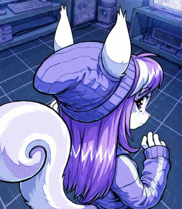 1990s anthro bangs beanie clothing female female/female fluffy fur hair hat headgear headwear high-angle_view highlights_(coloring) inside long_hair pale_body purple_hair sleeves_past_wrists solo solo_focus white_body white_fur holo_(director) mammal rodent sciurid absurd_res hi_res