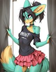 anthro black_hair bottomwear choker clothed clothing djar17 female hair jewelry mint_(djar17) necklace off_shoulder pink_eyes ponytail shirt skirt solo t-shirt topwear canid canine fennec fox mammal hi_res