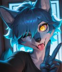 anthro black_clothing black_shirt black_topwear blue_body blue_fur blue_hair clothing female fur gesture hair one_eye_closed selfie shirt short_hair simple_background smile solo tongue tongue_out topwear v_sign white_body white_fur yellow_eyes keydraw canid canine canis mammal wolf portrait