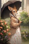 anthro brown_body brown_eyes brown_fur cervid clothed clothing coat countershade_face countershading dress female fence flower fully_clothed fur fuzzy_logic hi_res holding_object mammal outdoors pink_nose plant raincoat raining solo topwear umbrella