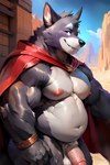 absurd_res amicus_(adastra) anthro balls big_pecs blue_eyes canid canine canis cape clothing desert exveemon_(director) fur genitals grey_body grey_fur hi_res male mammal musclegut pecs penis saggy_balls smile smiling_at_viewer solo vein veiny_arms veiny_penis wolf