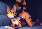 after_transformation all_fours anthro areola bodily_fluids breasts clothing female fur green_eyes jewelry necklace nervous nipples orange_body orange_fur solo stripes sweat teen_titans teen_titans_(television_series) white_body worried contextualcritters cat_starfire starfire_(teen_titans) domestic_cat felid feline felis mammal