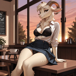anthro black_clothing black_underwear bottomwear bra cafe clothing female fur lingerie panties rolled_up_sleeves seductive sitting_on_table skirt solo sunset unbuttoned_shirt underwear upskirt white_body white_fur wickerbasket bovid caprine goat mammal hi_res