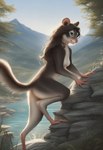 anthro brown_body brown_fur brown_hair climbing digitigrade female fur hair lake long_hair mountains nude plant rock smile solo tasteful_nudity teal_eyes tree director_crashbandit mammal rodent sciurid hi_res novelai