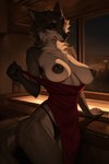anthro areola bedroom_eyes black_nipples breasts brown_body brown_eyes brown_fur chest_tuft clothing dress female fur hair looking_at_viewer narrowed_eyes nipple_piercing nipples panties piercing presenting red_clothing red_dress sagging_breasts seductive smile solo tail thick_thighs thong tuft underwear undressing white_body white_fur limper canid canine canis mammal wolf absurd_res hi_res