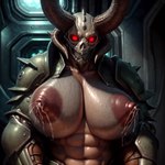 armor big_breasts bodily_fluids breasts clothing detailed_background female glowing glowing_eyes green_armor horn lactating looking_at_viewer marauder navel nipples prompt red_eyes solo solo_focus spacecraft vehicle white_body cresent_sun demon humanoid hi_res prompt_metainfo