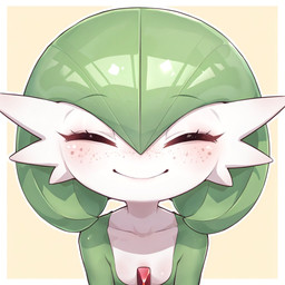 ambiguous_gender anthro blush eyes_closed flat_chested freckled_face freckles green_body happy simple_background smile solo upper_body white_body pixeldreamyai nintendo pokemon gardevoir generation_3_pokemon pokemon_(species) portrait