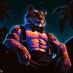 anthro bowtie clothed clothing felid looking_up low-angle_view male mammal muscular muscular_male night night_sky outside palm_tree pantherine pawrn plant sitting solo star suspenders tiger topless tree