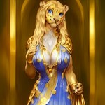 anthro blonde_hair blue_clothing blue_dress blue_eyes breasts chest_tuft cleavage clothed clothing colored countershading dress felid female fur hair leopard mammal pantherine solo tahlia tahlia_(director) tuft white_body white_countershading yellow_body yellow_fur