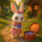 4_fingers anthro barefoot bow_ribbon candy clothing cobblestone dessert dress feet female fingers flower food outside pink_clothing pink_dress plant red_eyes solo text young hsqxtzkc lagomorph leporid mammal rabbit english_text