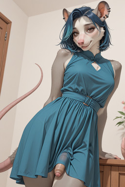 anthro belt blue_clothing blue_dress blue_hair brown_eyes chest_tuft clothing dress dutch_angle ear_piercing foreskin fur genitals grey_body grey_fur gynomorph hair humanoid_genitalia humanoid_penis intersex looking_at_viewer penis piercing solo tail tuft milky-white linsey_(haxxin) didelphid mammal marsupial hi_res