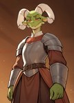 anthro armor gem green_body green_scales horn_jewelry horn_ring jewelry knight looking_down low-angle_view male red_eyes ring_(jewelry) ruby_(gem) scales solo warrior nonimousmate jack_the_kobold kobold hi_res