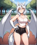 anthro athletic_wear bottomwear breasts clothed clothing female gym_bottomwear gym_clothing gym_shorts hair hand_on_hip horn looking_at_viewer membrane_(anatomy) membranous_wings midriff mythology navel outside plant shirt shorts smile solo tank_top topwear tree wings yellow_eyes anontk twokinds lady_nora_(twokinds) animal_humanoid dragon dragon_humanoid humanoid mythological_creature mythological_scalie scalie hi_res shaded