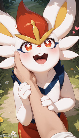 3_fingers <3 ambiguous_gender anthro blue_body blue_fur buckteeth duo fingers front_view fur hair hand_on_cheek high-angle_view long_ears looking_up male multicolored_body multicolored_fur open_mouth red_body red_eyes red_fur red_hair sparkling_eyes teeth tongue white_body white_fur yellow_body yellow_fur kaltingale_(director) nintendo pokemon cinderace generation_8_pokemon human mammal pokemon_(species) hi_res