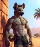 abs absurd_res anthro areola bottomwear bulge bumblebee95 clothed clothing detailed_background hi_res hyaenid jewelry looking_away male mammal muscular necklace nipples pecs pubes realistic shorts solo standing topless