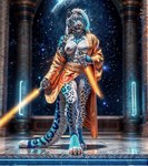 abs anthro belt blue_body blue_fur breasts claws clothed clothing collar female fur genitals jedi lightsaber looking_at_viewer melee_weapon paws pussy solo space star_wars sword walking weapon white_body white_fur wolfs-chaser felid machairodontine mammal pantherine snow_leopard tiger absurd_res hi_res