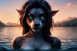 anthro black_body black_fur blizzard_entertainment bodily_fluids canid canine female fur genital_fluids green_eyes kauket kauket_blackmoore looking_at_viewer mammal solo warcraft were werecanid werecanine worgen world_of_warcraft