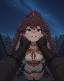 4_fingers anthro asian_clothing blue_eyes bottomwear breasts brown_body brown_fur brown_hair chest_tuft clothed clothing duo east_asian_clothing eyebrows female fingers first_person_view floppy_ears fur gloves hair hand_on_cheek handwear japanese_clothing long_ears looking_at_viewer looking_up looking_up_at_viewer male male/female male_pov medium_breasts milky_way neck_tuft night obi parted_lips pink_nose ponytail raised_eyebrow romantic shorts sleeves smile standing teeth thigh_gap tuft wristband sagrael lop_(star_wars_visions) ambiguous_species lagomorph leporid mammal rabbit absurd_res hi_res