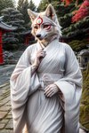 amaterasu_(okami) anthro asian_clothing canid canine canis cherry_blossom cherry_blossom_tree cherry_tree clothing cobblestone east_asian_clothing female forest fruit_tree hi_res japanese_clothing kimono looking_at_viewer mammal mostly_nude outdoors photorealism plant robe robe_only shrine solo temple tree wolf