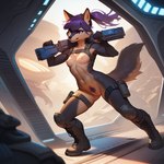 anthro black_body black_fur boots breasts clothing female footwear fur genitals gun hair pose pubes purple_eyes purple_hair pussy ranged_weapon rifle science_fiction solo straps weapon fenix_ai aurora_(character) canid canine canis mammal wolf