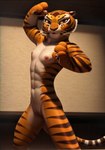 abs anthro breasts countershading female fighting_pose fur genitals inside kung_fu_panda looking_at_viewer martial_arts navel nipples orange_body orange_eyes orange_fur pose pussy simple_background small_breasts solo stripes whiskers white_body white_countershading yellow_sclera fenix_ai master_tigress felid mammal pantherine tiger digital_media_(artwork)