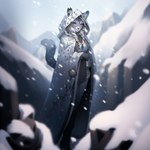 anthro blue_eyes blurred_background boots bottomwear braided_hair cloak clothing detailed_background female footwear fur hair hood jewelry outside pants snow snowing solo standing white_body white_fur sappy_(director) felid feline mammal absurd_res full-length_portrait hi_res portrait