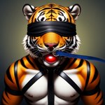 anthro ball_gag bdsm blindfold bondage bondage_gear bound facial_piercing gag harness harness_ball_gag harness_gag leash muzzle_(object) nose_leash nose_piercing nose_ring piercing piercing_pull ring_piercing solo shabeel felid feline mammal pantherine tiger