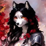 absurd_res anthro armor black_hair breasts canid canine canis cleavage clothed clothing female flower fur hair hi_res mammal plant rickwolfv solo white_body white_fur wolf yellow_eyes