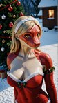 accessory anthro blonde_hair box breasts christmas christmas_ornaments christmas_tree cleavage clothed clothing collarbone container costume covered_navel dress female female_anthro fur_trim gift hair hair_accessory hairband large_breasts long_hair looking_at_viewer photorealism photorealistic plant realistic red_clothing red_dress santa_costume scales snow snowing solo stable_diffusion tree yellow_eyes yiffyjiffy2 reptile scalie hi_res watermark