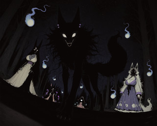 anthro big_breasts black_body black_fur breasts claws cleavage clothed clothing detailed_background dress ear_piercing empty_eyes fangs feet female feral fire fluffy forest fox_spirit fully_clothed fur glowing glowing_eyes group hair hitodama jewelry long_hair looking_at_viewer monotone_body nature nature_background night no_pupils open_mouth outside piercing plant purple_clothing purple_dress quadruped sharp_teeth sky smile standing star tail teeth toes tree tuft white_body white_clothing white_dress white_eyes white_hair gridanon canid canine canis fox ghost humanoid mammal monster shadow_creature spirit wolf detailed digital_media_(artwork) hi_res stable_diffusion