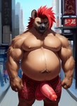 anthro belly bodily_fluids bottomwear city clothing dogarrowtype erection fur genital_fluids genitals hair humanoid_genitalia humanoid_penis hyaenid looking_at_viewer male mammal musclegut muscular muscular_anthro muscular_male navel nipples overweight penis precum red_hair smile solo underwear