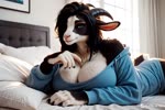 anthro bedroom big_breasts black_body black_fur black_hair blue_clothing blue_eyes breasts butt chest_tuft clothing female fur goat_ears hair horn long_hair looking_at_viewer nub_tail paws solo tuft white_body white_fur anonymous_director bovid caprine goat mammal animated webm