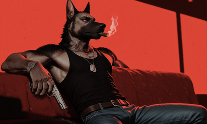 5_fingers anthro black_body black_claws black_clothing black_fur black_shirt black_tank_top black_topwear blue_bottomwear blue_clothing blue_jeans blue_pants bottomwear brown_belt cigar claws clock clothing denim denim_clothing dog_tags eye_scar facial_scar fingers fur furniture gun handgun inside jeans looking_away male mature_male multicolored_body multicolored_fur muscular muscular_male on_sofa pants ranged_weapon red_lighting scar shirt sitting sitting_on_sofa smoking_cigar sofa solo tail tan_body tan_fur tank_top topwear two_tone_body two_tone_fur watch weapon wristwatch anonymous_director brutus_(pixie_and_brutus) canid canine canis domestic_dog german_shepherd herding_dog mammal pastoral_dog hi_res