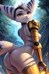 almer42 anthro breasts butt eyewear eyewear_on_head female fur goggles goggles_on_head hi_res lombax looking_at_viewer mammal nude rivet_(ratchet_and_clank) smile solo striped_body stripes white_body white_fur