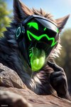 anthro black_body black_fur bodily_fluids brown_body brown_fur drooling forest fur gesture green_eyes green_tongue machine macro male micro_pov oral_vore plant pointing rock saliva solo tongue tree vore white_body white_fur l649000 protogen hi_res