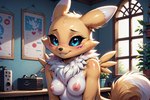 anthro blue_eyes breasts female fur looking_at_viewer nipples nude presenting shy smile solo tuft white_body white_fur yellow_body yellow_fur nenvul canid canine canis digimon_(species) mammal renamon hi_res